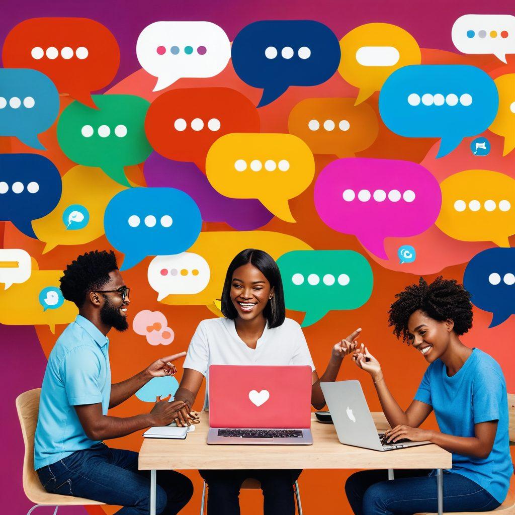 A vibrant collage of diverse individuals engaging in discussions in a cozy, modern digital space. Elements representing various topics float around, such as speech bubbles, emojis, and tech icons, showcasing community engagement. The background features a blend of warm colors, symbolizing connection and camaraderie. Include a laptop with a chat interface displaying active conversations. 3D. vibrant colors. modern digital art.