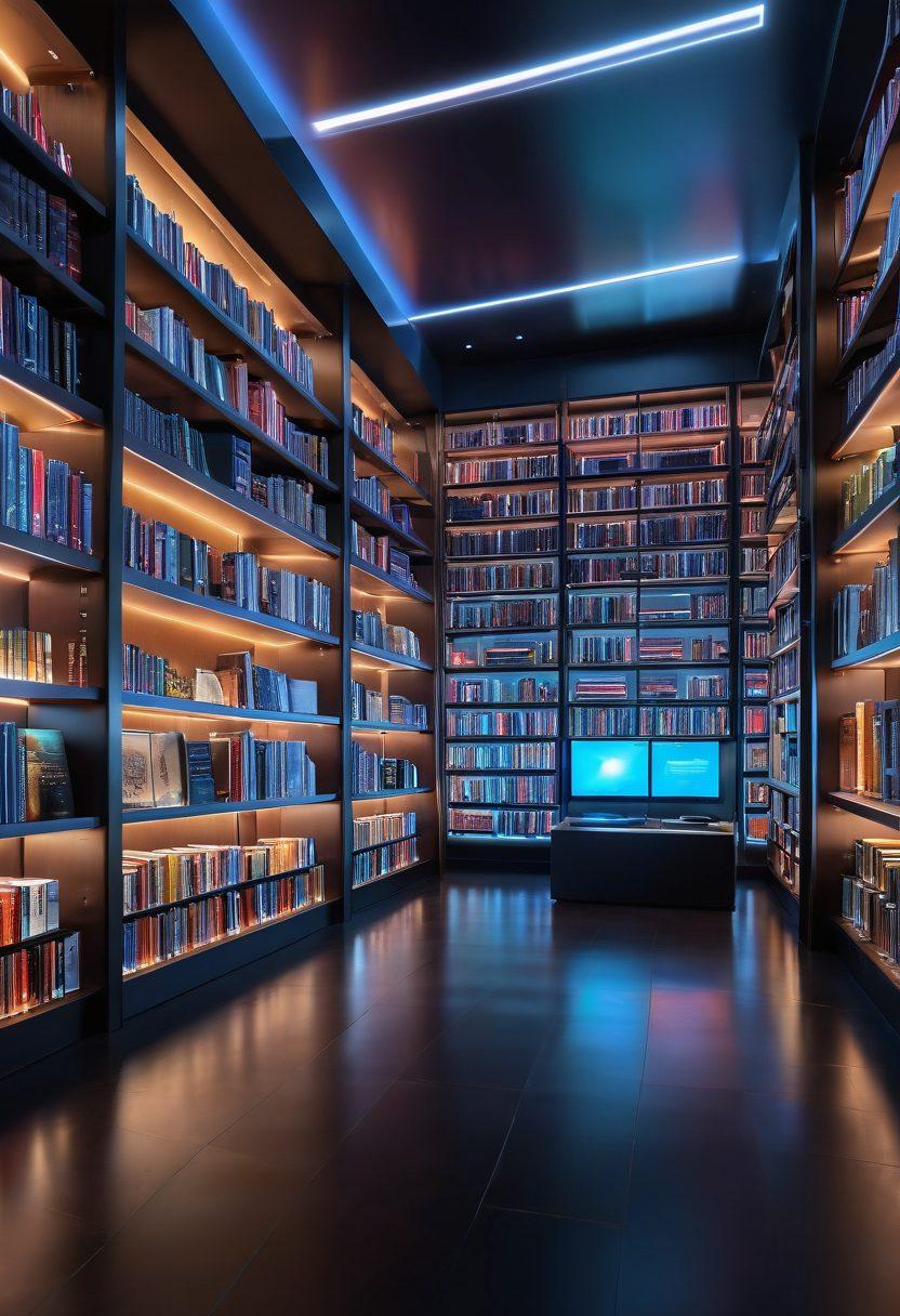 A sleek and modern digital library filled with colorful books and articles featuring various Voodi themes, a glowing holographic display showing articles and reviews, a background of abstract technology patterns. lively color palette, futurist ambiance. super-realistic. vibrant colors.