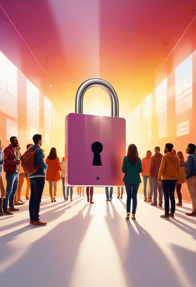 An open lock symbolizing the unlocking of potential, surrounded by vibrant rays of light representing insights and tips. In the background, diverse silhouettes of people engaging in community discussions, sharing ideas and trends. Warm colors should dominate, evoking a sense of connection and empowerment. A digital interface overlay hinting at modern technology. super-realistic. vibrant colors. white background.